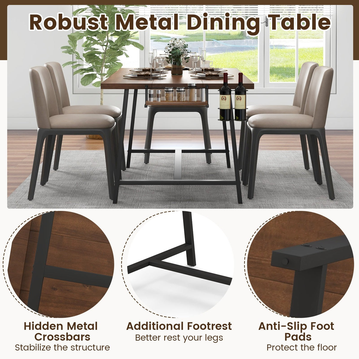 72 Inch Dining Table Rectangular Kitchen Table with 2-Bottle Wine Rack for 5-7-Walnut view 9