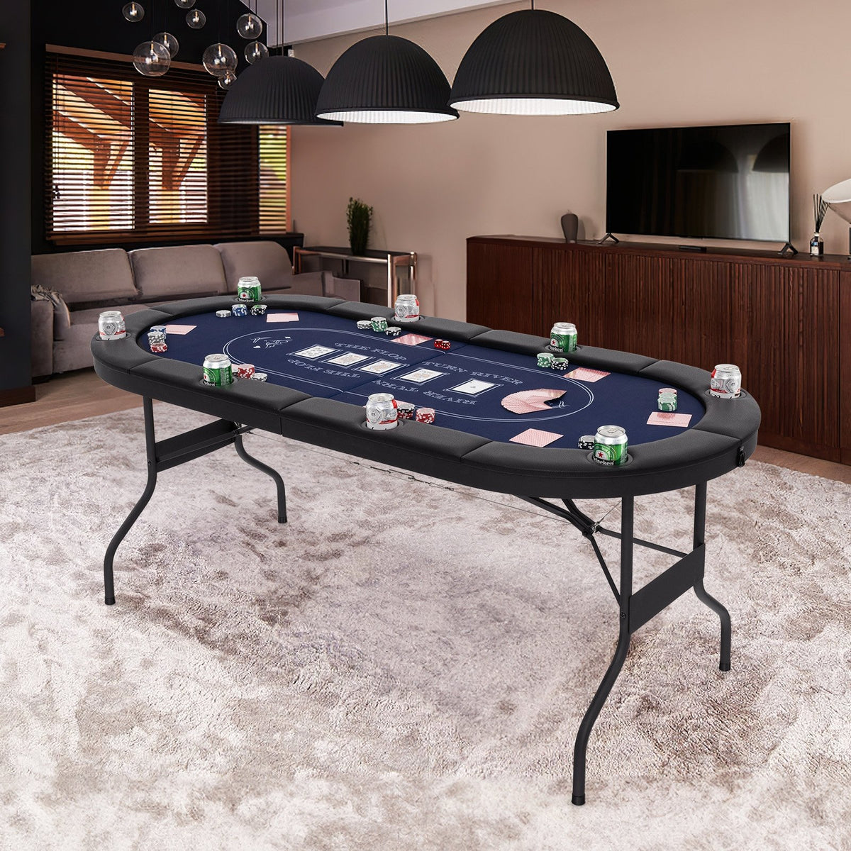 72 Inch Foldable Poker Table for 8 Players Portable Oval Card Board Game Table-Blue view 2