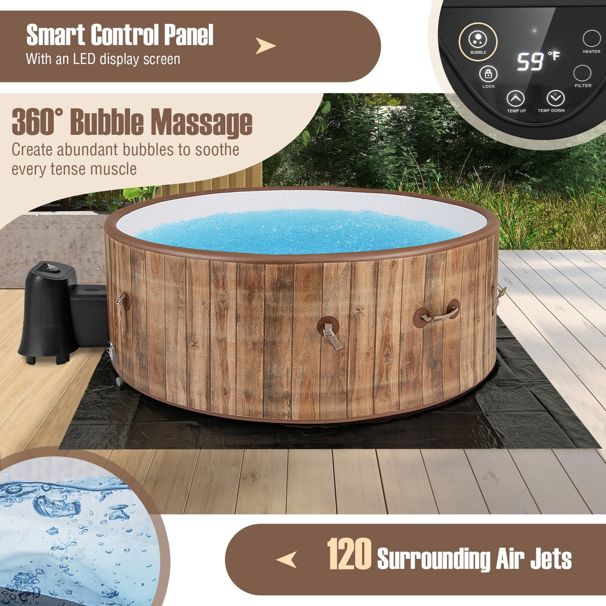 72 Inches Inflatable Hot Tub SPA with 120 Air Jets Electric Heater Pump for 4-6 Person-Coffee view 5