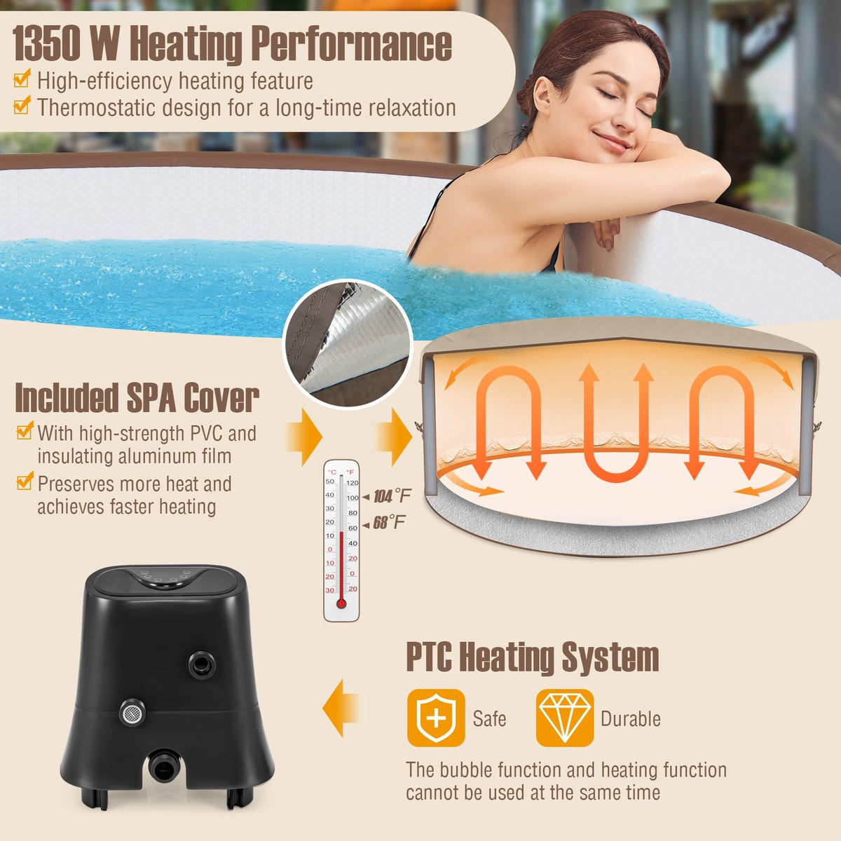72 Inches Inflatable Hot Tub SPA with 120 Air Jets Electric Heater Pump for 4-6 Person-Coffee view 6