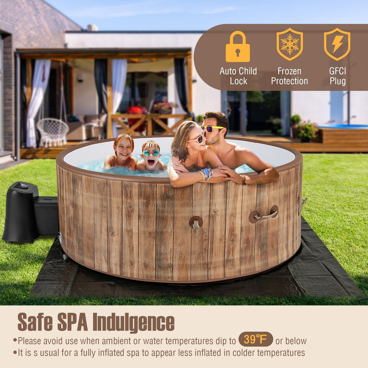 72 Inches Inflatable Hot Tub SPA with 120 Air Jets Electric Heater Pump for 4-6 Person-Coffee view 8