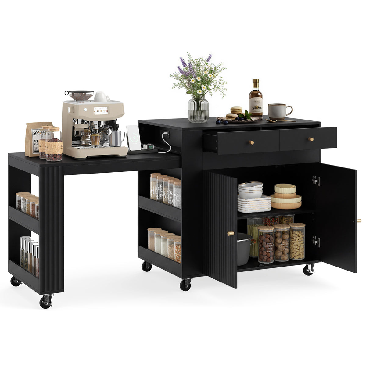 72 inches Kitchen Island with Extendable Dining Table and Power Outlet-Black view 4