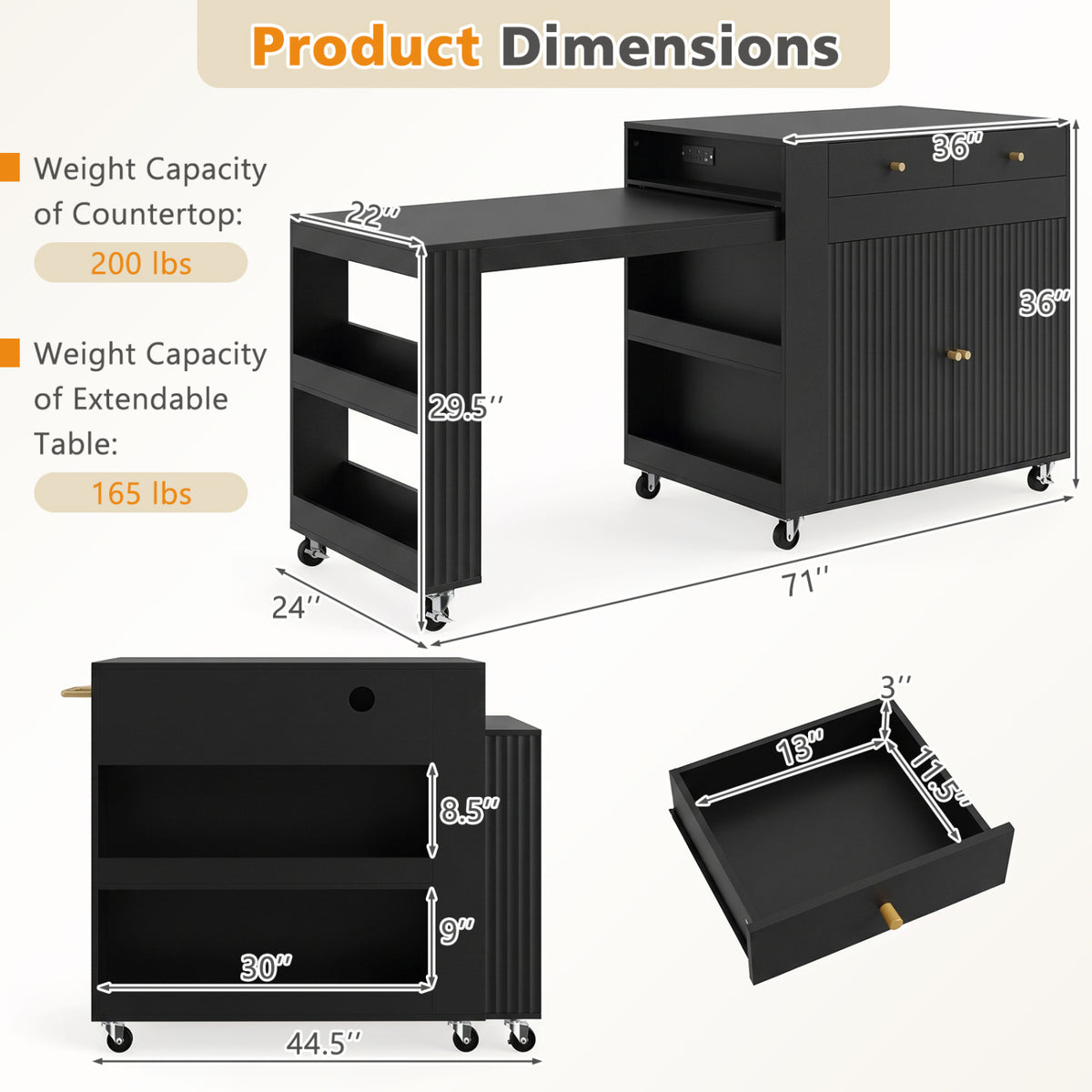 72 inches Kitchen Island with Extendable Dining Table and Power Outlet-Black view 5