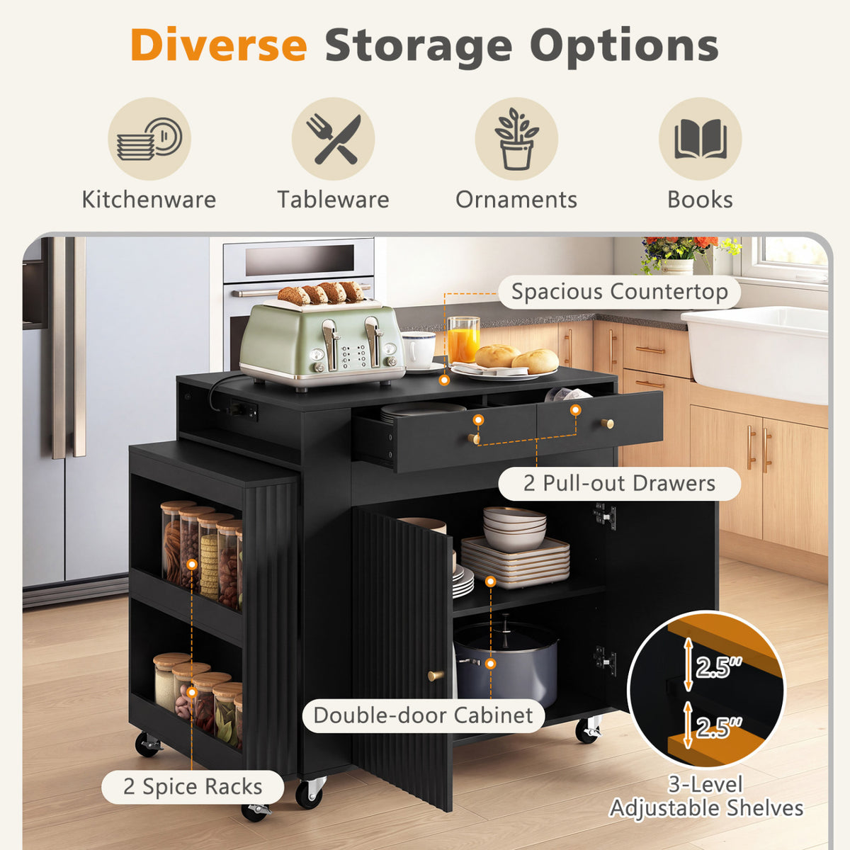 72 inches Kitchen Island with Extendable Dining Table and Power Outlet-Black view 7