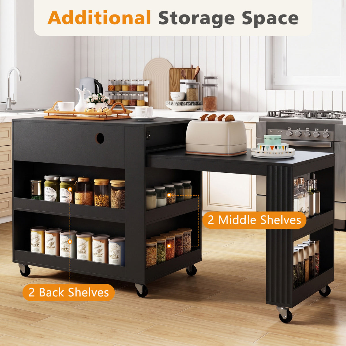 72 inches Kitchen Island with Extendable Dining Table and Power Outlet-Black view 8