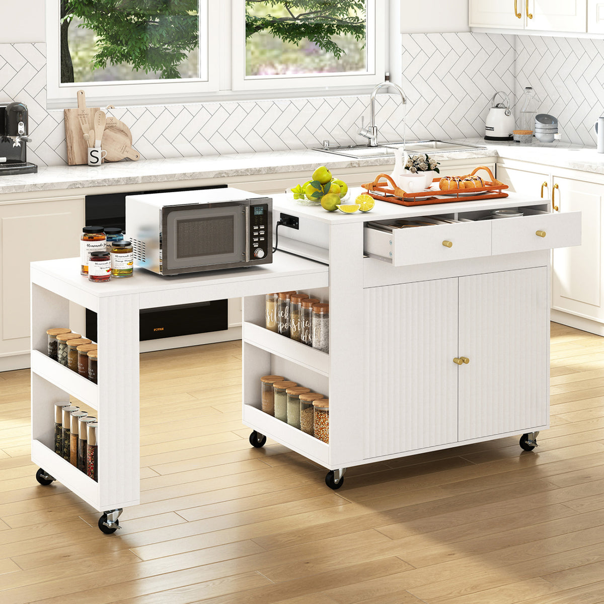 72 inches Kitchen Island with Extendable Dining Table and Power Outlet-White view 3