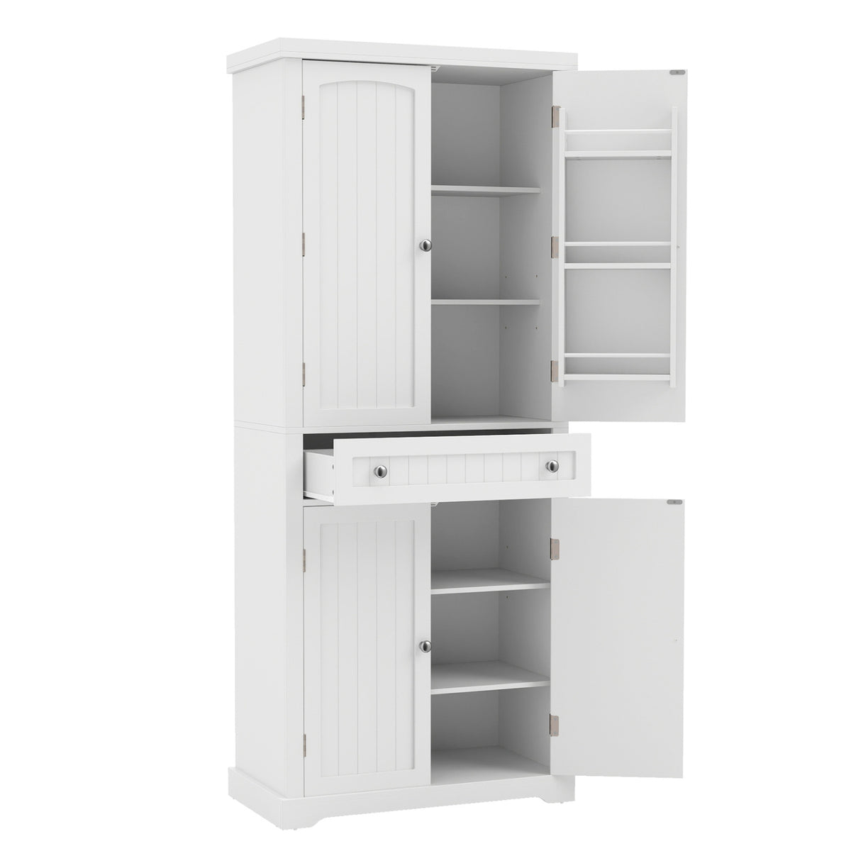 72” Tall Kitchen Cabinet, Pantry Storage Cabinet with 4 Fluted Doors and 6 Door Shelves-White