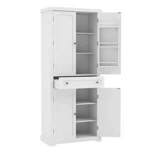 72” Tall Kitchen Cabinet, Pantry Storage Cabinet with 4 Fluted Doors and 6 Door Shelves-White