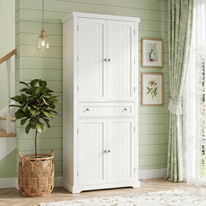 72” Tall Kitchen Cabinet, Pantry Storage Cabinet with 4 Fluted Doors and 6 Door Shelves-White view 2