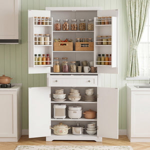 72” Tall Kitchen Cabinet, Pantry Storage Cabinet with 4 Fluted Doors and 6 Door Shelves-White view 3