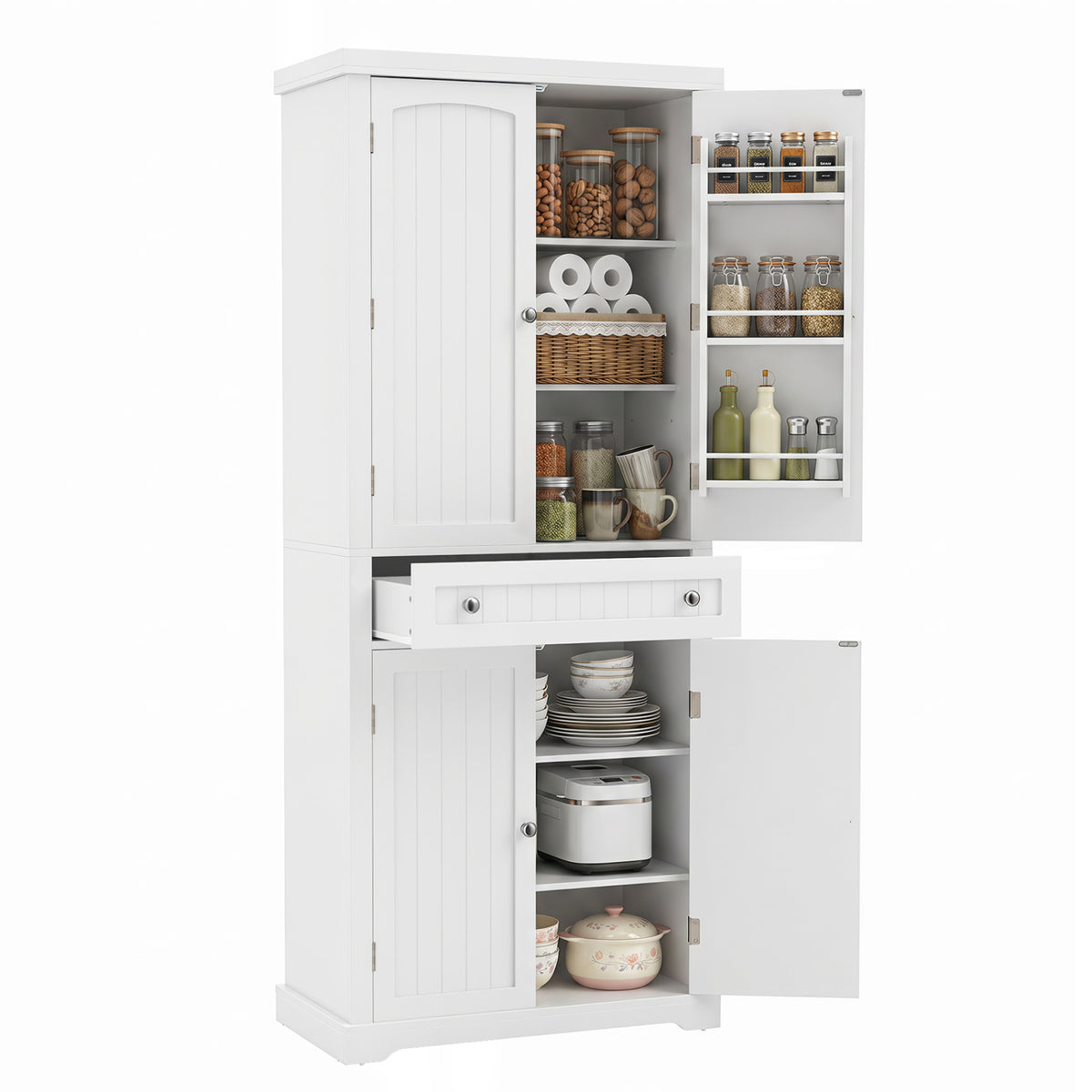 72” Tall Kitchen Cabinet, Pantry Storage Cabinet with 4 Fluted Doors and 6 Door Shelves-White view 4