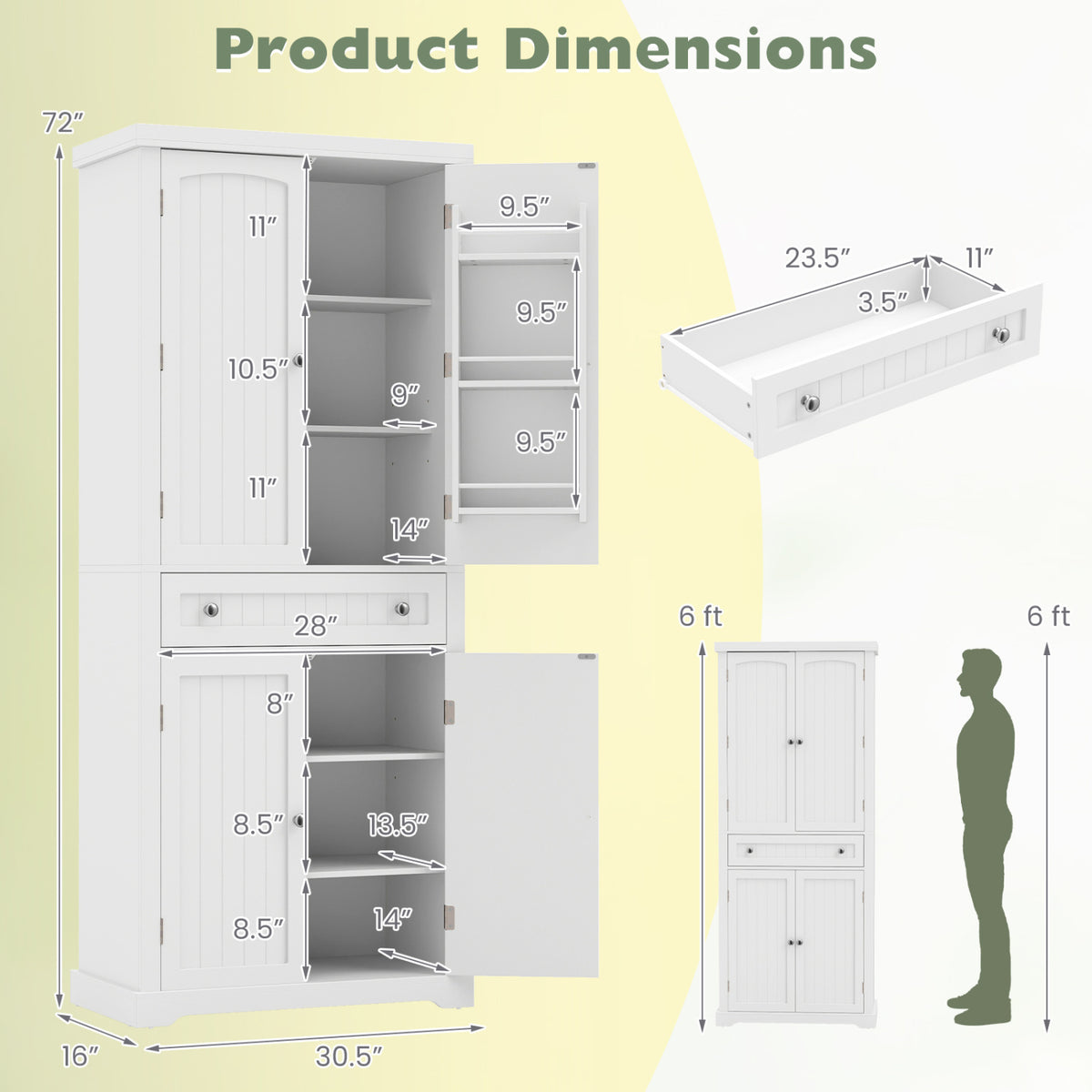 72” Tall Kitchen Cabinet, Pantry Storage Cabinet with 4 Fluted Doors and 6 Door Shelves-White view 5