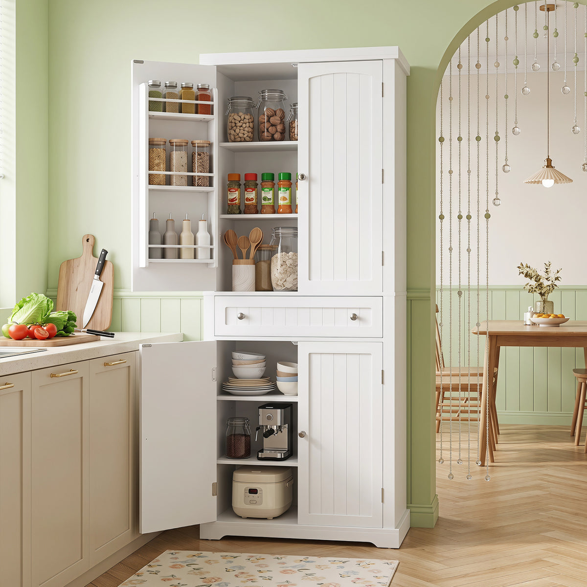 72” Tall Kitchen Cabinet, Pantry Storage Cabinet with 4 Fluted Doors and 6 Door Shelves-White view 6