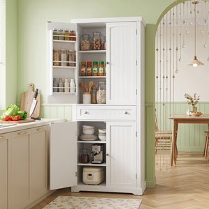 72” Tall Kitchen Cabinet, Pantry Storage Cabinet with 4 Fluted Doors and 6 Door Shelves-White view 6