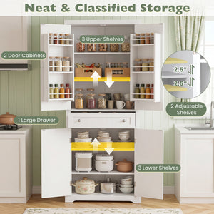72” Tall Kitchen Cabinet, Pantry Storage Cabinet with 4 Fluted Doors and 6 Door Shelves-White view 7