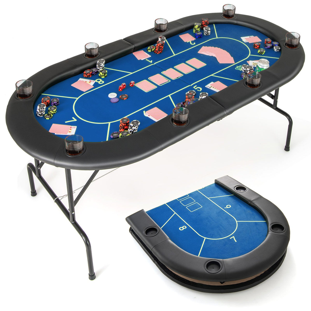 72 x 36 x 30.5 Inch Foldable Poker Table with 8 Cup Holders-Blue