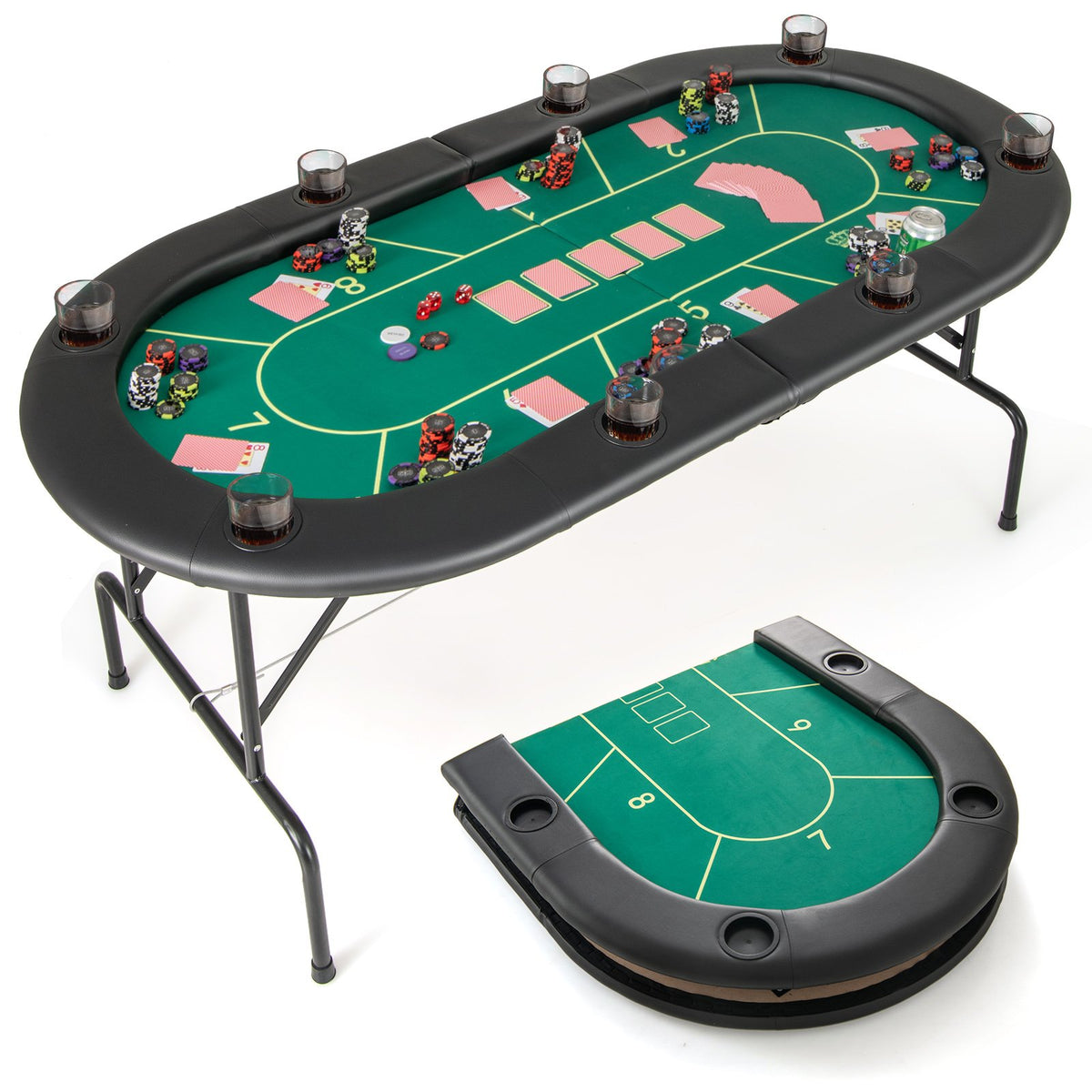 72 x 36 x 30.5 Inch Foldable Poker Table with 8 Cup Holders-Green
