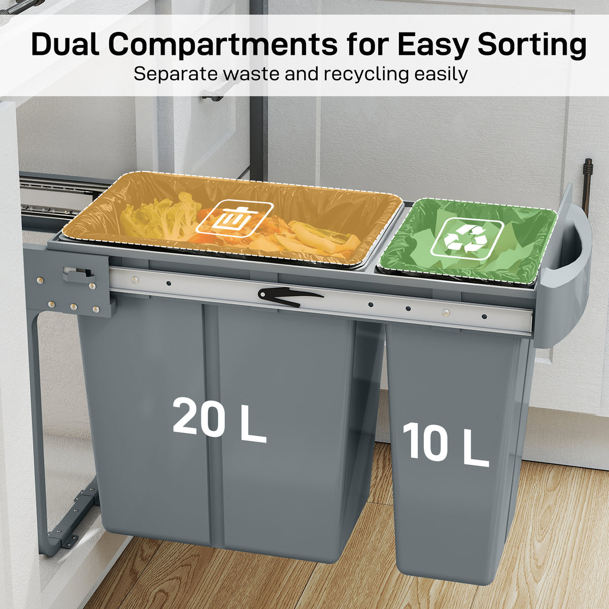 Pull Out Garbage Bin for Kitchen, 7.9 Gallon (30 L) Under Sink Garbage Can, 2 Removable Compartments, Grey