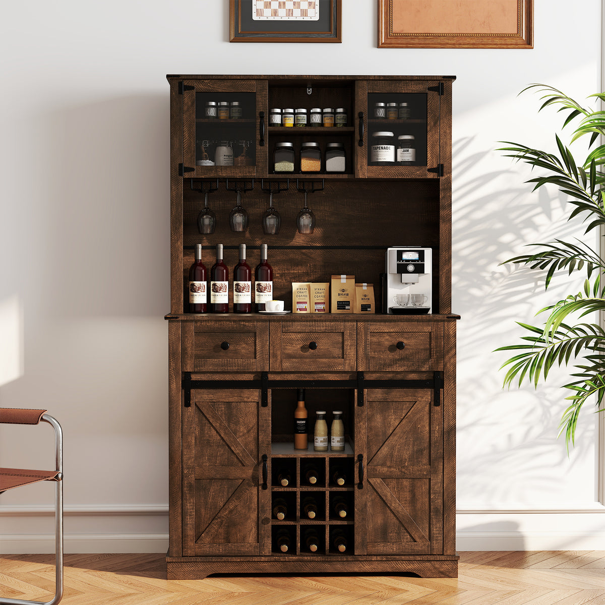 72 Inch Coffee Bar Cabinet with Drawers and Sliding Barn Doors-Brown view 2