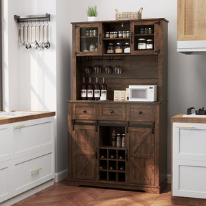 72 Inch Coffee Bar Cabinet with Drawers and Sliding Barn Doors-Brown view 3