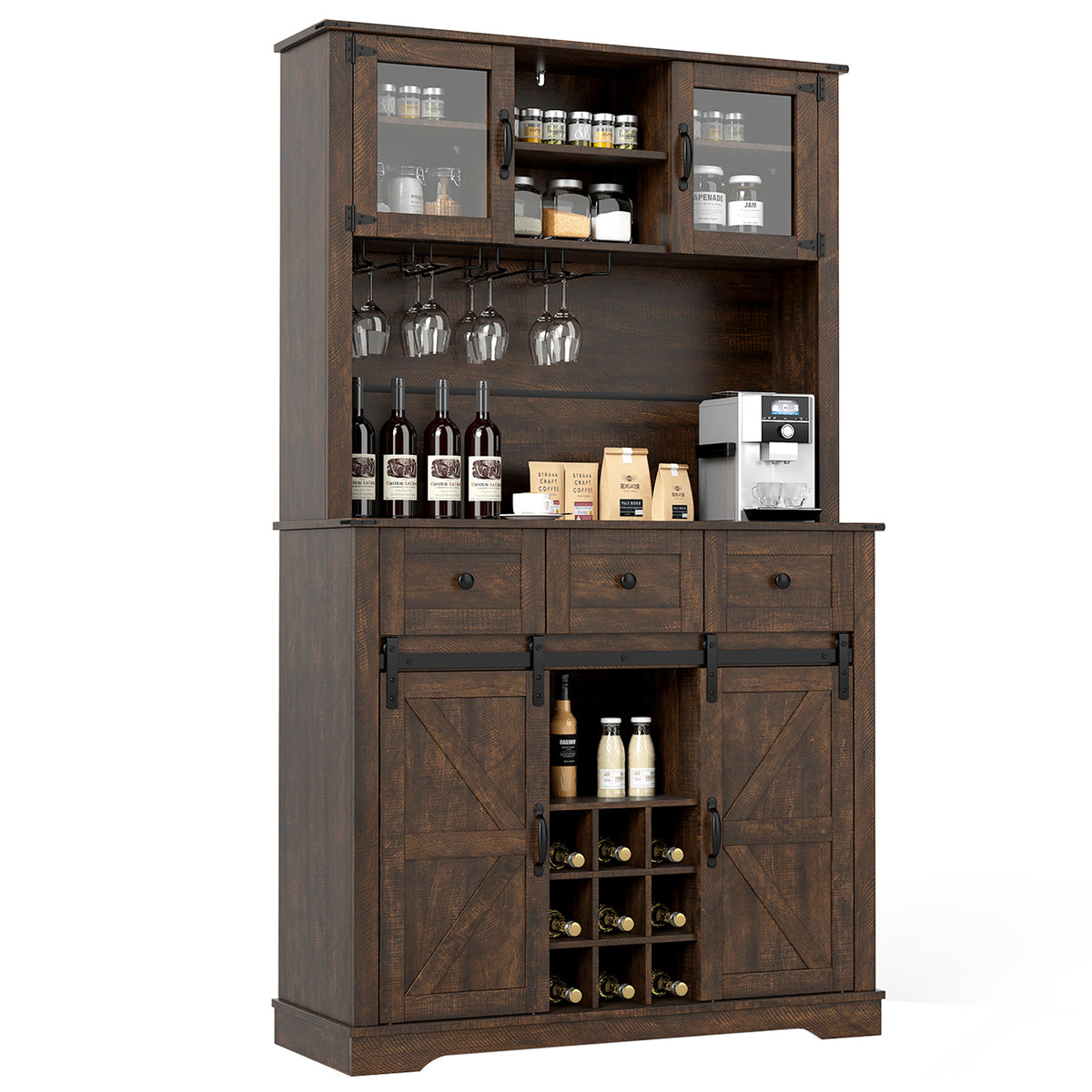 72 Inch Coffee Bar Cabinet with Drawers and Sliding Barn Doors-Brown