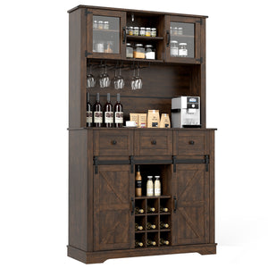 72 Inch Coffee Bar Cabinet with Drawers and Sliding Barn Doors-Brown