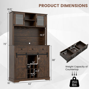 72 Inch Coffee Bar Cabinet with Drawers and Sliding Barn Doors-Brown view 5