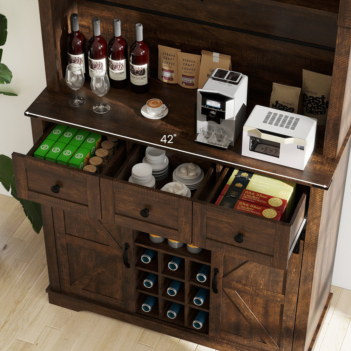 72 Inch Coffee Bar Cabinet with Drawers and Sliding Barn Doors-Brown view 6