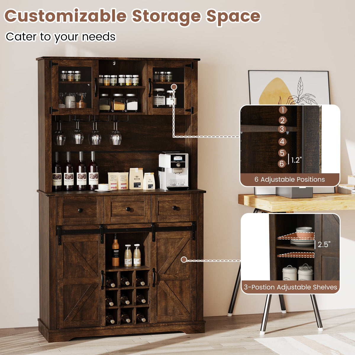 72 Inch Coffee Bar Cabinet with Drawers and Sliding Barn Doors-Brown view 8