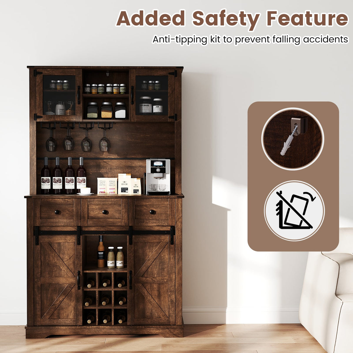 72 Inch Coffee Bar Cabinet with Drawers and Sliding Barn Doors-Brown view 9