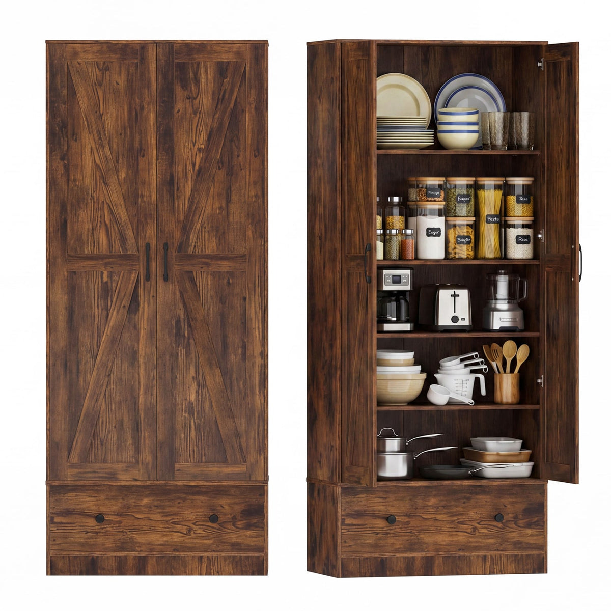 72 Inch Tall Kitchen Pantry Cabinet Farmhouse Wooden Cupboard with 2 Doors-Rustic Brown view 4