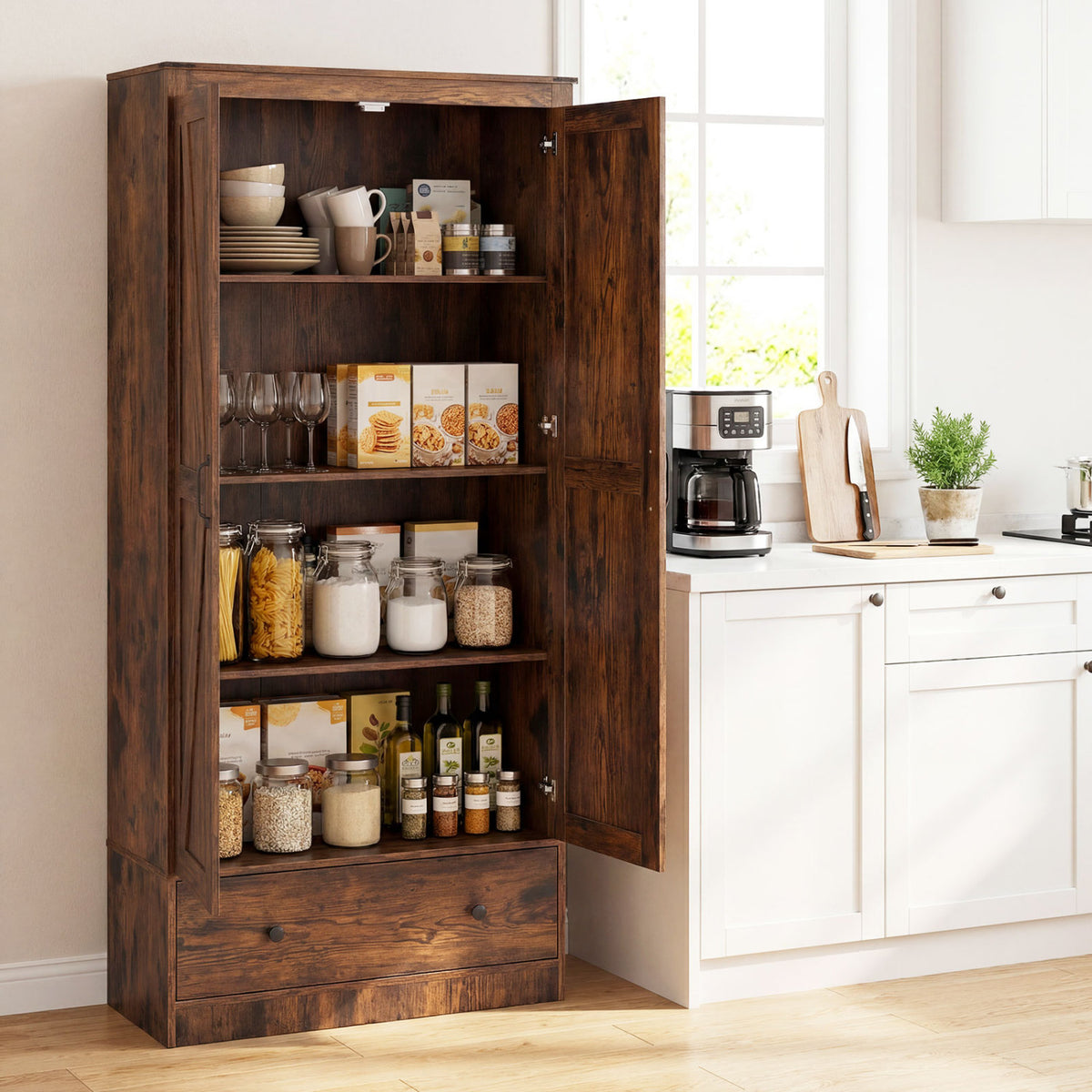 72 Inch Tall Kitchen Pantry Cabinet Farmhouse Wooden Cupboard with 2 Doors-Rustic Brown view 2