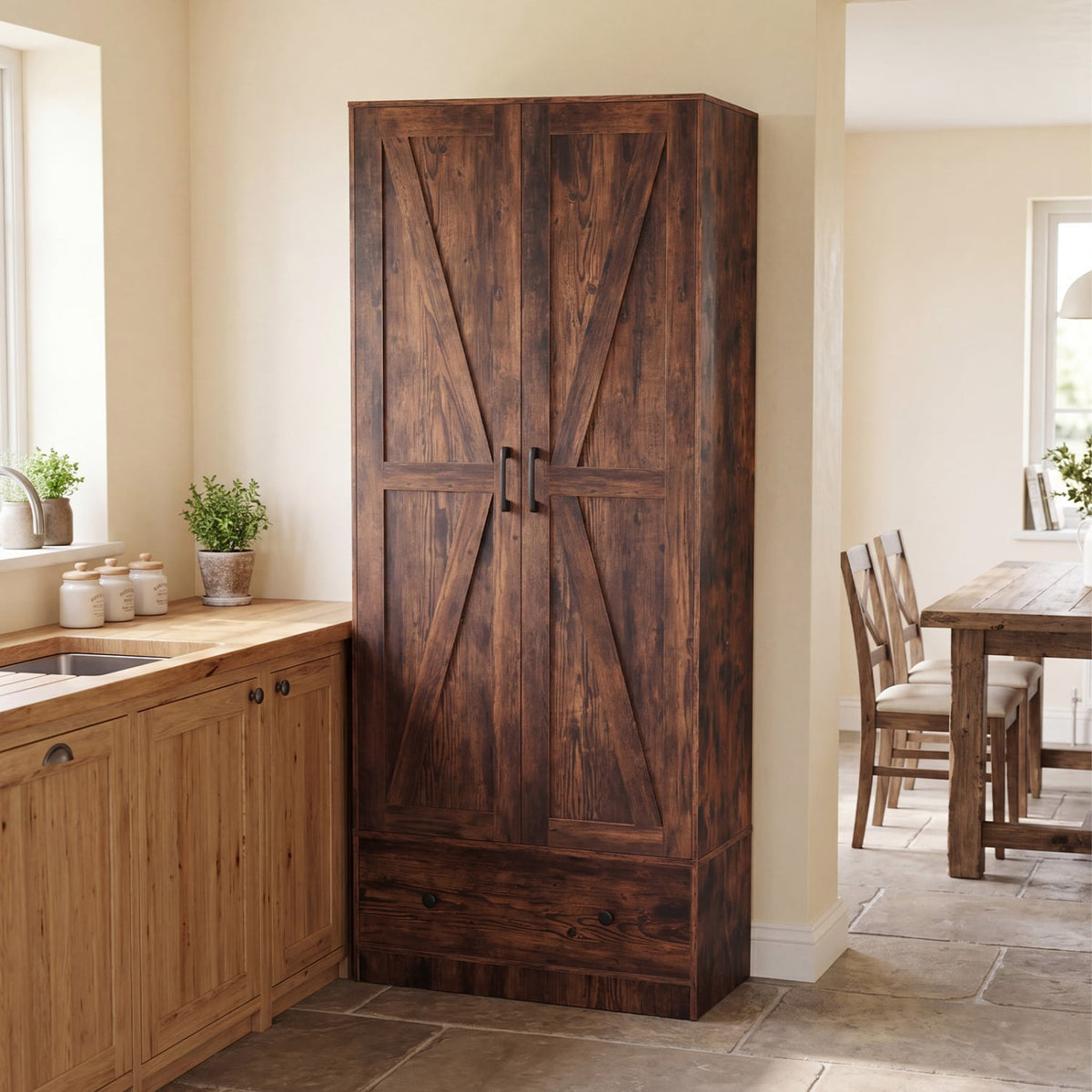 72 Inch Tall Kitchen Pantry Cabinet Farmhouse Wooden Cupboard with 2 Doors-Rustic Brown view 3
