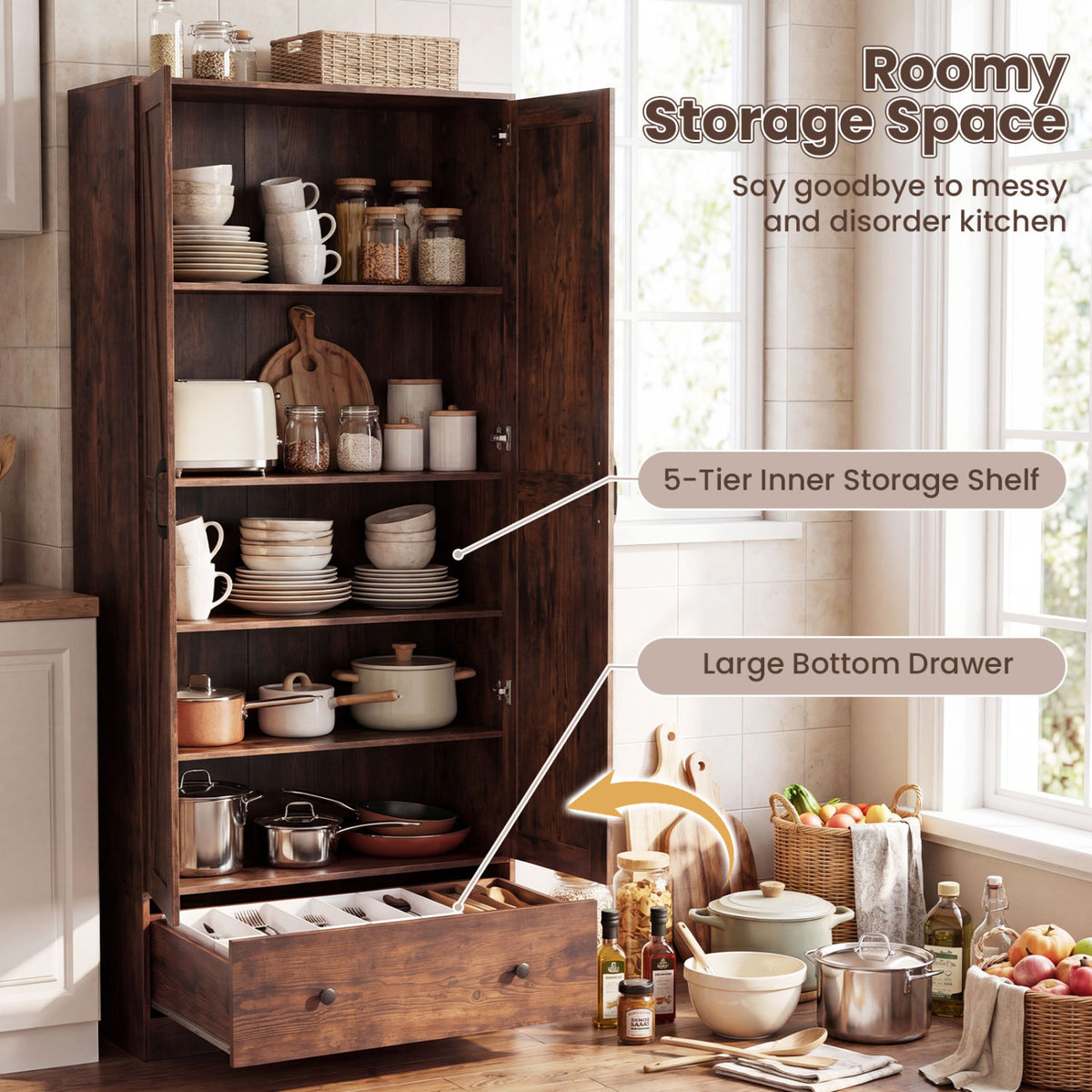 72 Inch Tall Kitchen Pantry Cabinet Farmhouse Wooden Cupboard with 2 Doors-Rustic Brown view 7