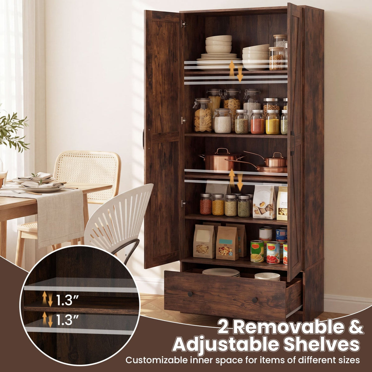 72 Inch Tall Kitchen Pantry Cabinet Farmhouse Wooden Cupboard with 2 Doors-Rustic Brown view 8