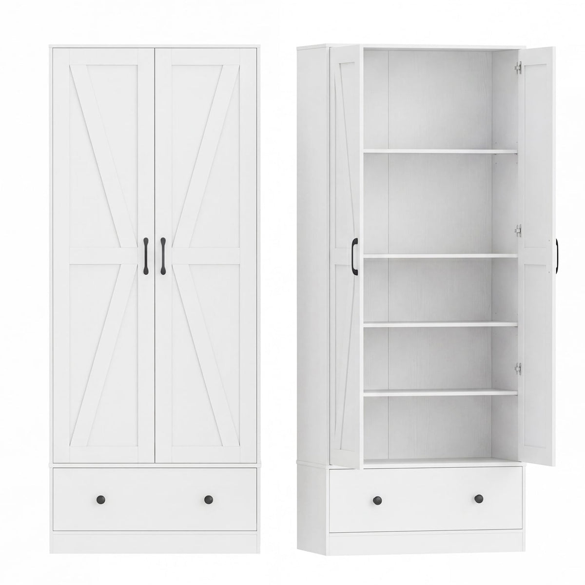 72 Inch Tall Kitchen Pantry Cabinet Farmhouse Wooden Cupboard with 2 Doors-White