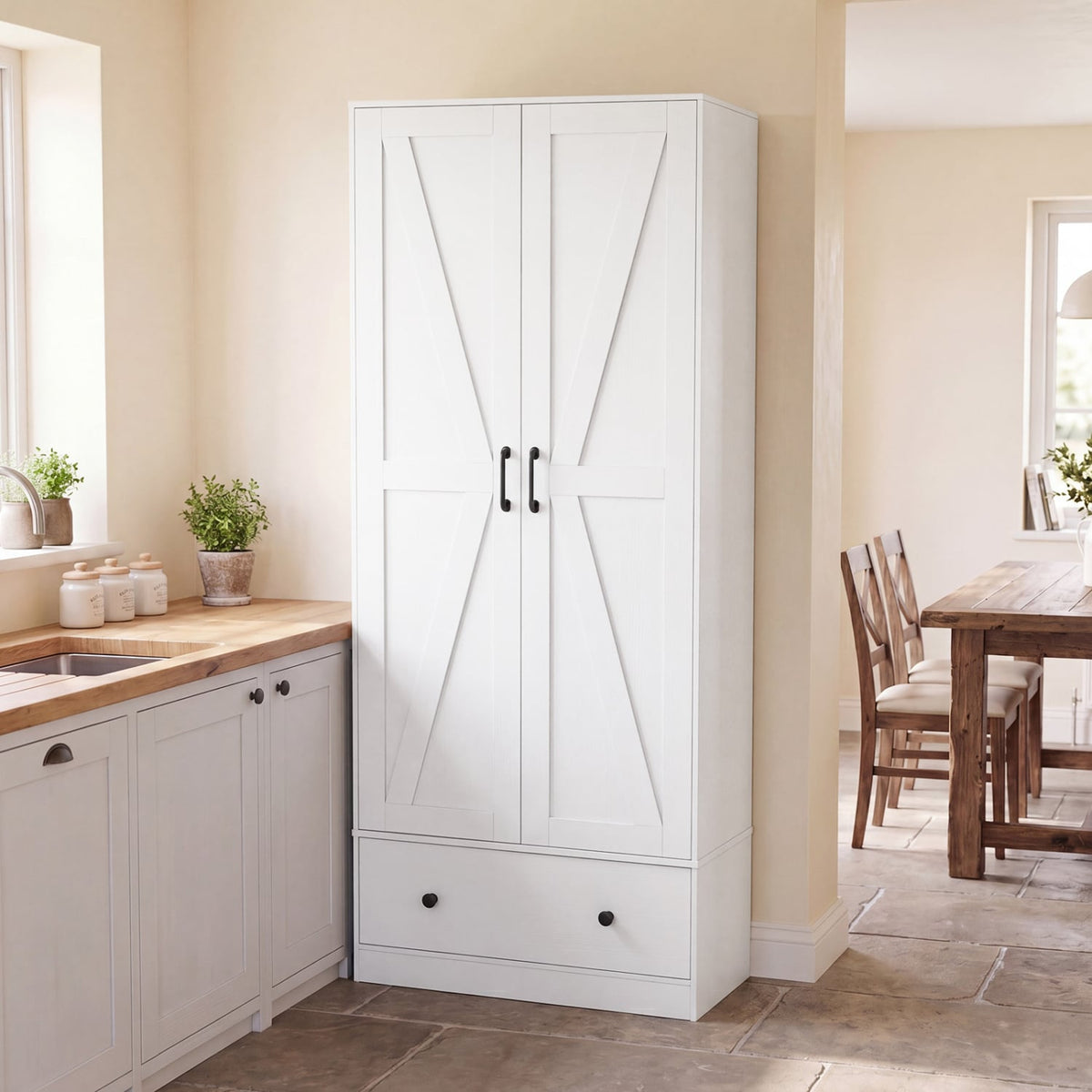 72 Inch Tall Kitchen Pantry Cabinet Farmhouse Wooden Cupboard with 2 Doors-White view 2