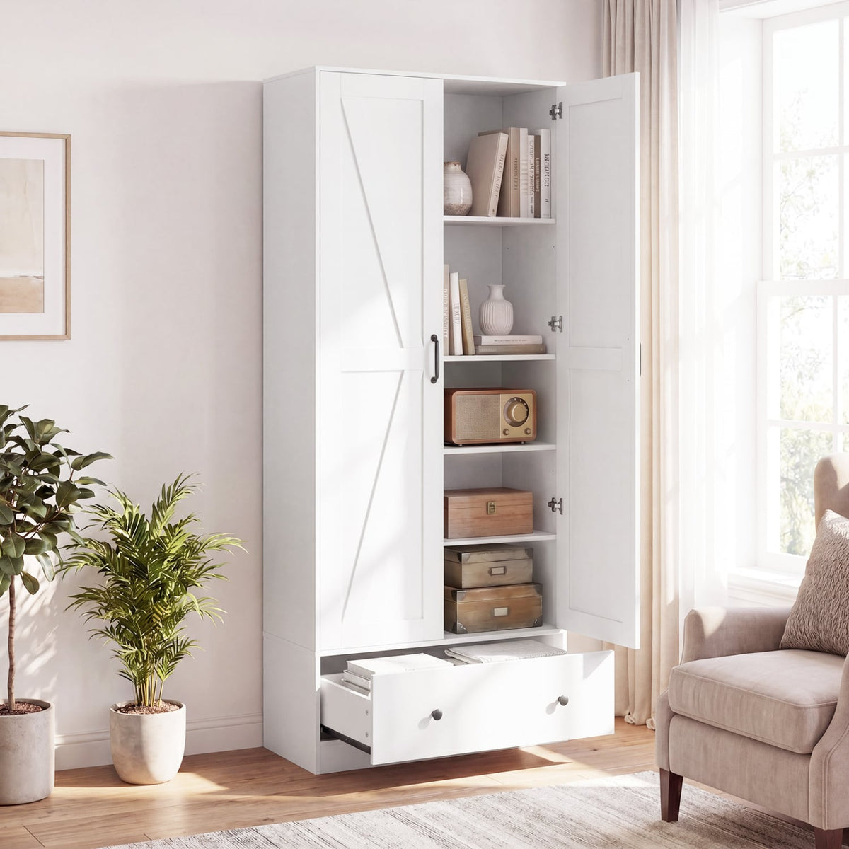72 Inch Tall Kitchen Pantry Cabinet Farmhouse Wooden Cupboard with 2 Doors-White view 6