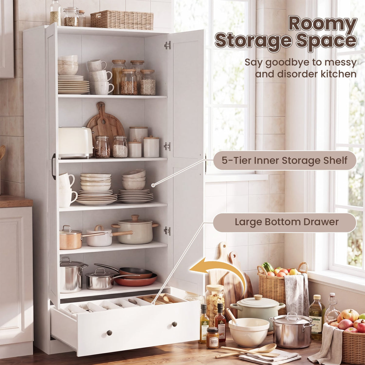 72 Inch Tall Kitchen Pantry Cabinet Farmhouse Wooden Cupboard with 2 Doors-White view 7