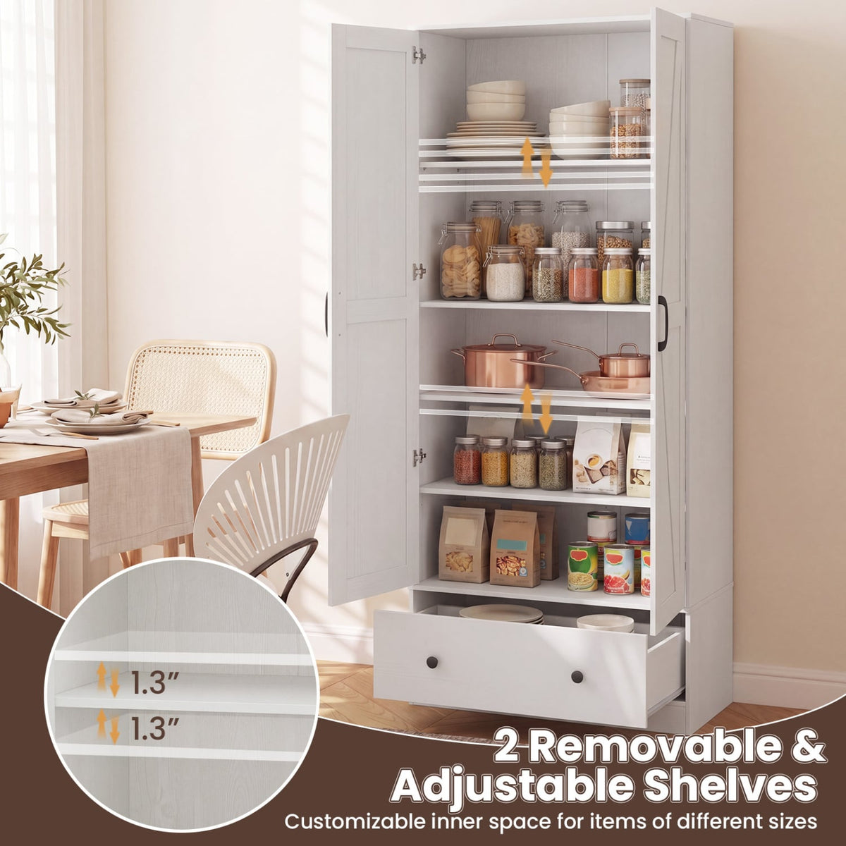 72 Inch Tall Kitchen Pantry Cabinet Farmhouse Wooden Cupboard with 2 Doors-White view 8