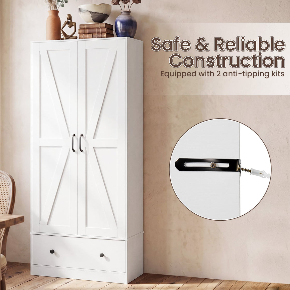 72 Inch Tall Kitchen Pantry Cabinet Farmhouse Wooden Cupboard with 2 Doors-White view 9