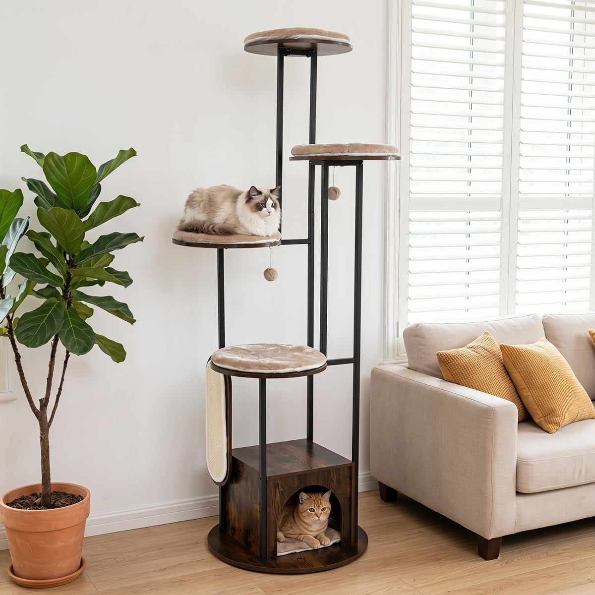 72-Inch Tall Multi-Level Cat Condo with Top Perch Platforms and Removable Washable Mats-Rustic Brown view 2