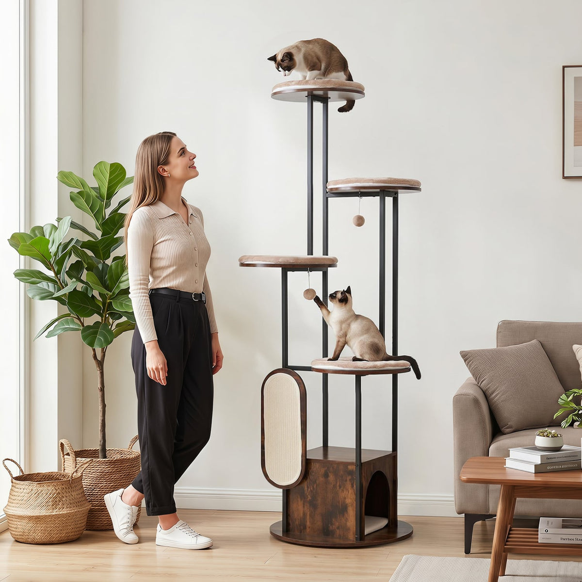 72-Inch Tall Multi-Level Cat Condo with Top Perch Platforms and Removable Washable Mats-Rustic Brown view 3