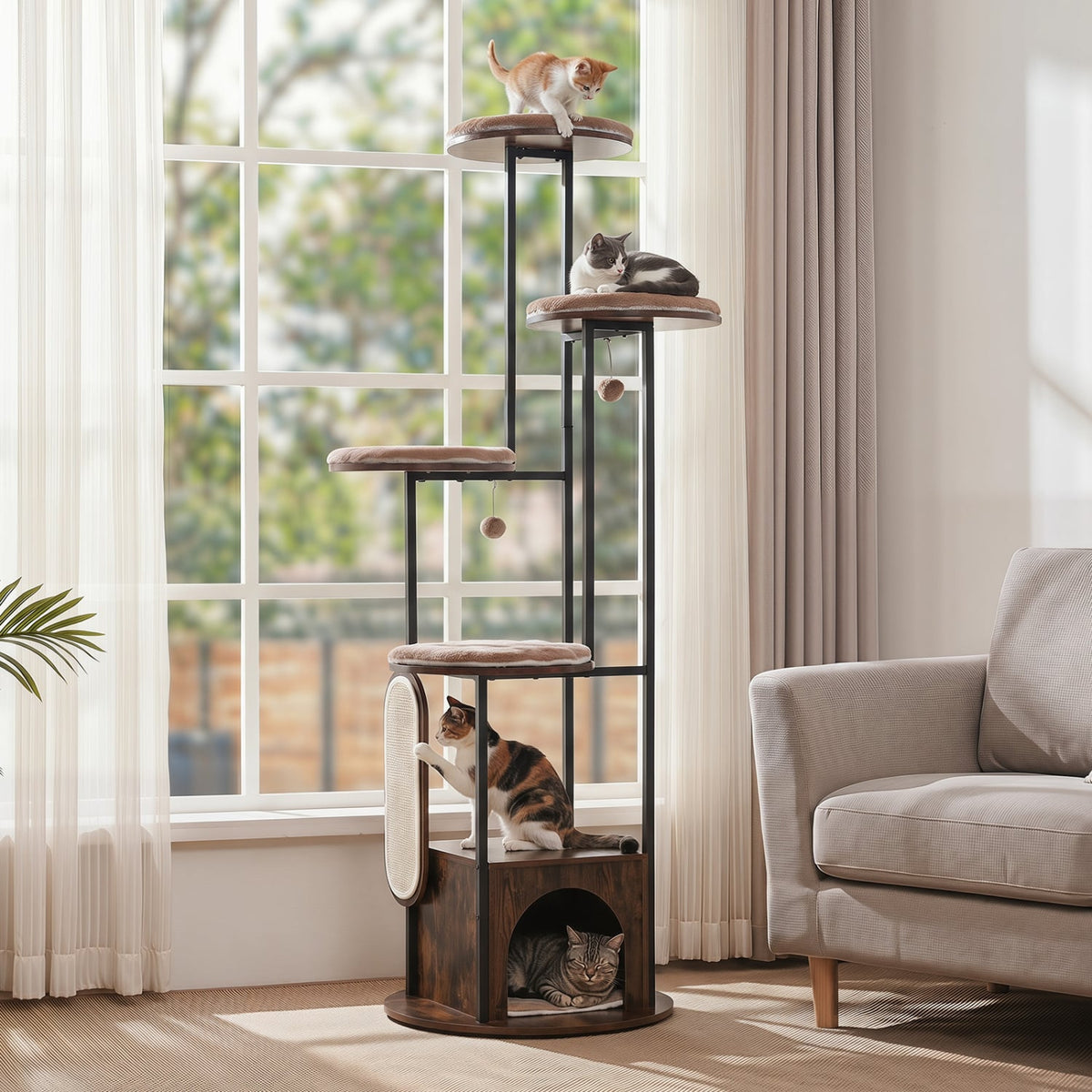 72-Inch Tall Multi-Level Cat Condo with Top Perch Platforms and Removable Washable Mats-Rustic Brown view 5