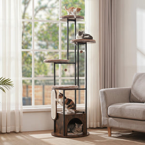 72-Inch Tall Multi-Level Cat Condo with Top Perch Platforms and Removable Washable Mats-Rustic Brown view 5