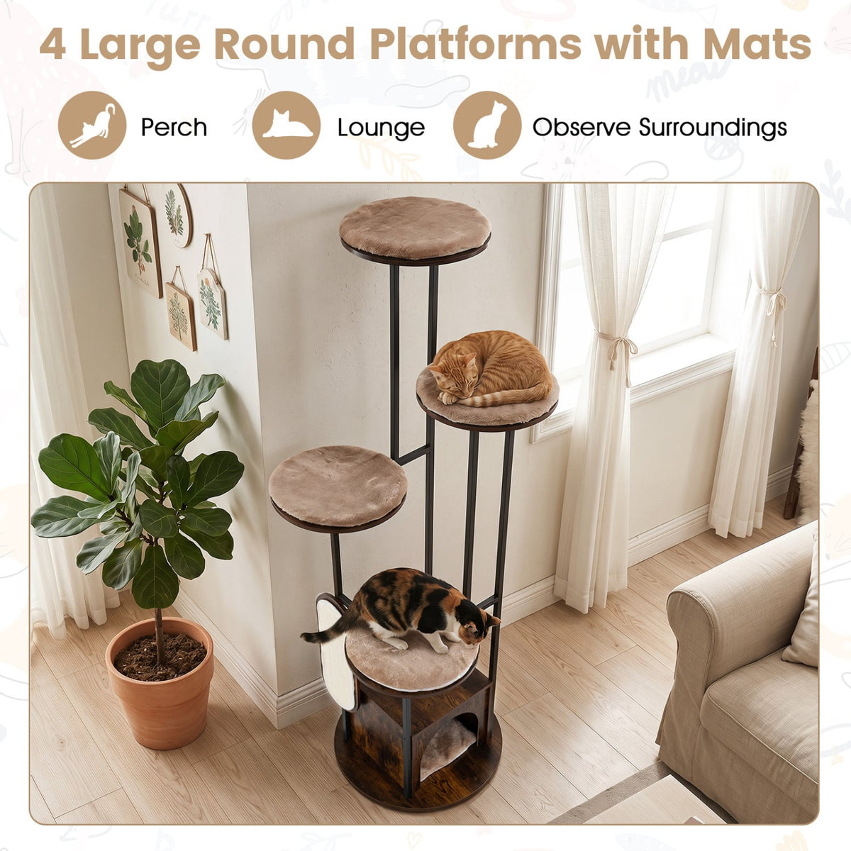 72-Inch Tall Multi-Level Cat Condo with Top Perch Platforms and Removable Washable Mats-Rustic Brown view 7