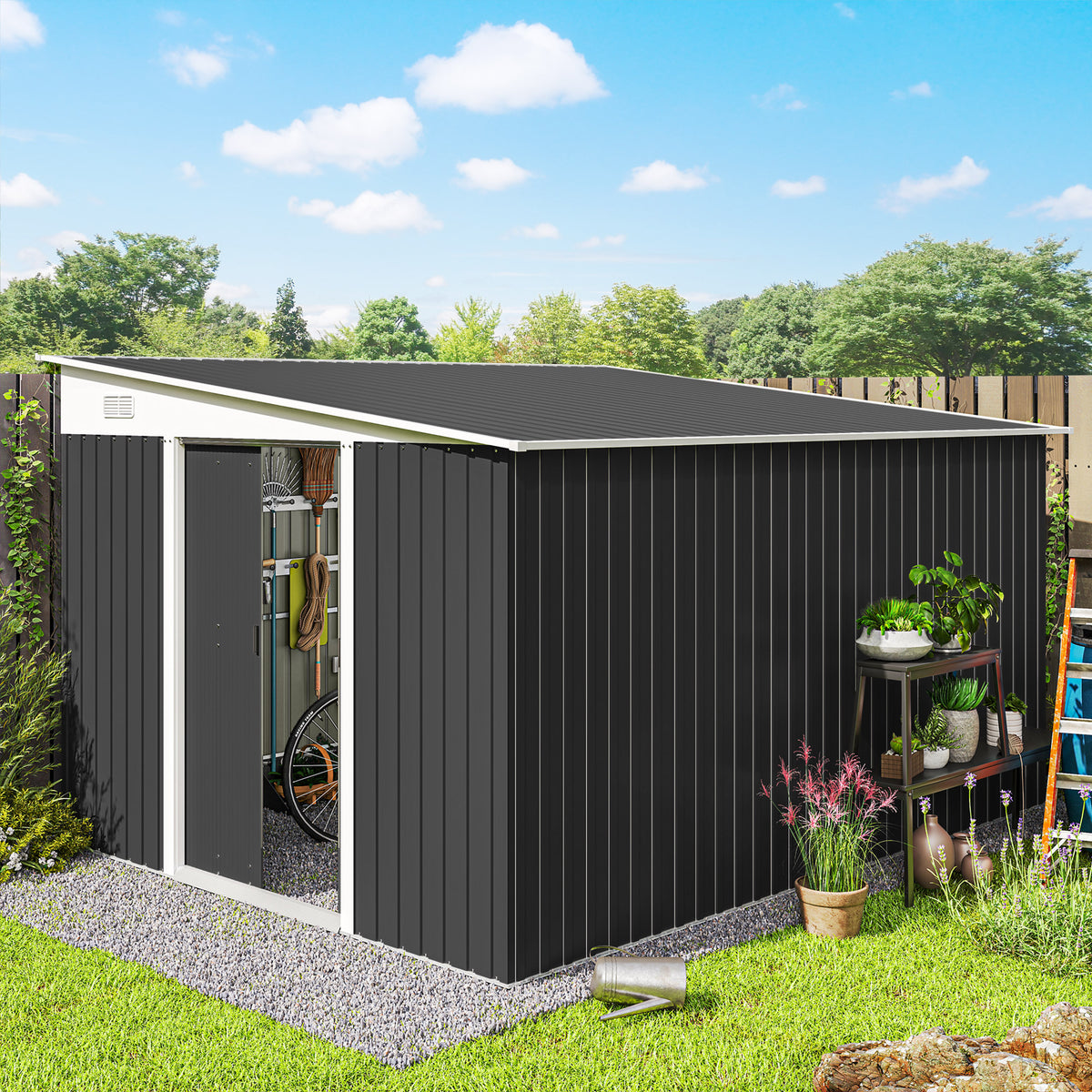11' x 9' Steel Garden Storage Shed, Outdoor Metal Tool House with Double Sliding Doors & 2 Air Vents, Grey – view 14