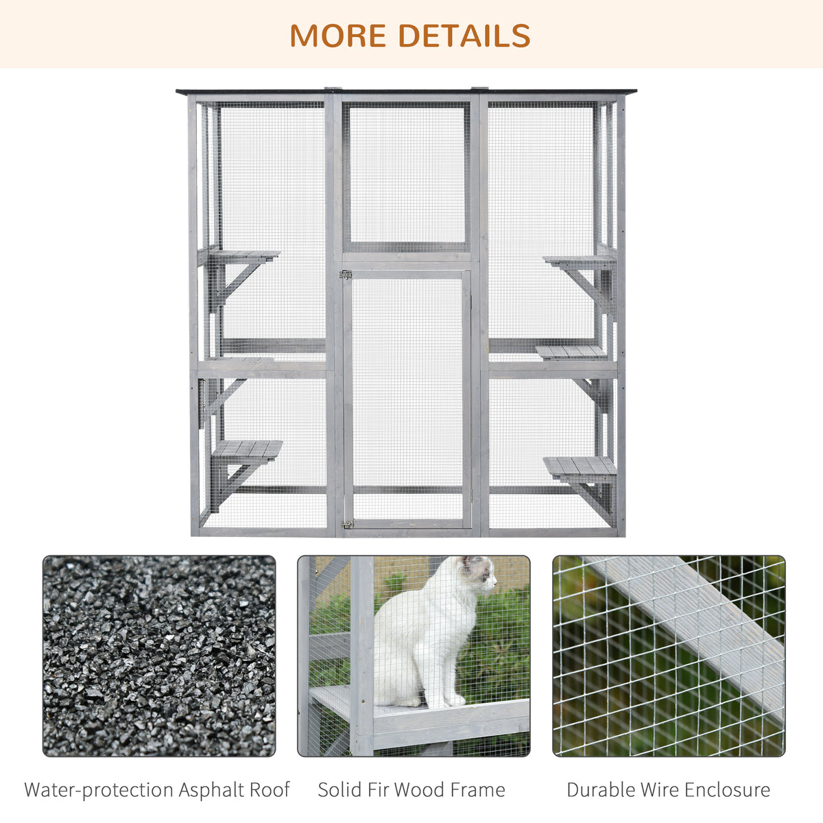 Large Outdoor Catio Enclosure, Weatherproof Cat House with Asphalt Roof,  Wooden Cat Patio Cage with 6 Balanced Platforms, 71" x 39" x 71", Grey
