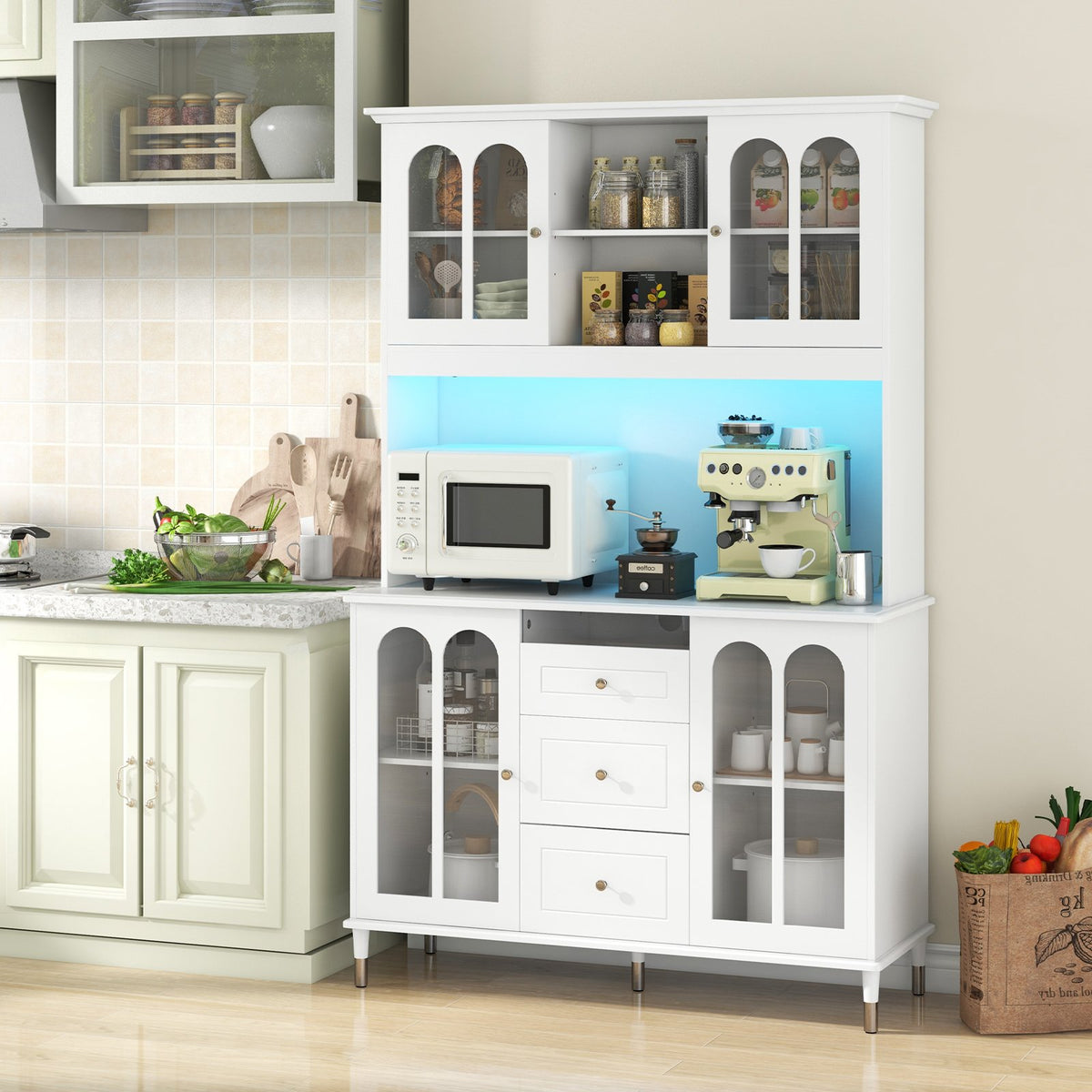 73 Inch Kitchen Pantry Storage Cabinet Freestanding Buffet Cabinet with LED Lights-White view 2