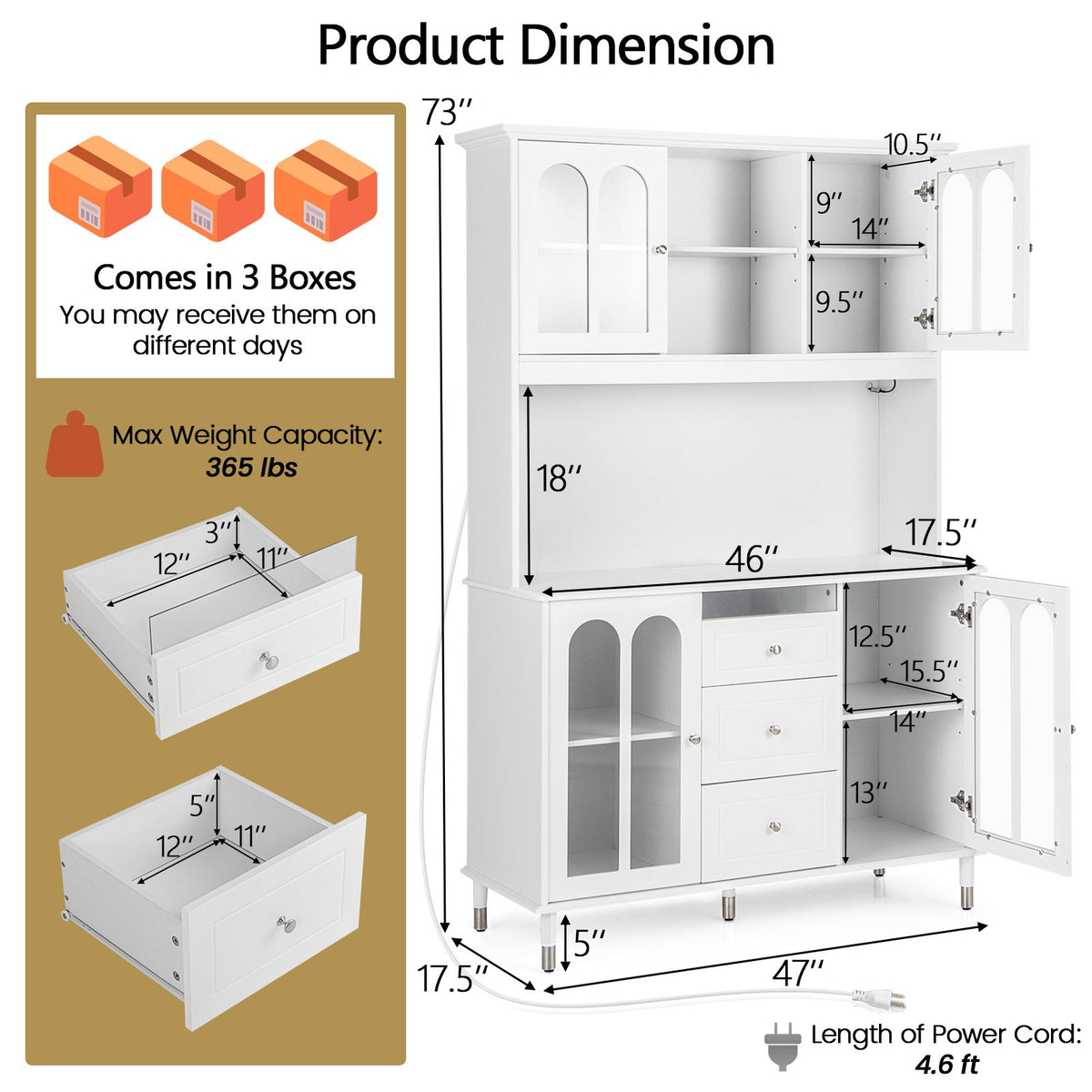 73 Inch Kitchen Pantry Storage Cabinet Freestanding Buffet Cabinet with LED Lights-White view 5